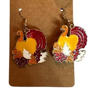 Turkey Earrings Autumn Fall Leaves Enamel Dangle Gold Tone Women